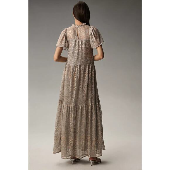 New By Anthropologie Short-Sleeve Mock-Neck Maxi Dress $178 SMALL Silver & Gold - Picture 3 of 5